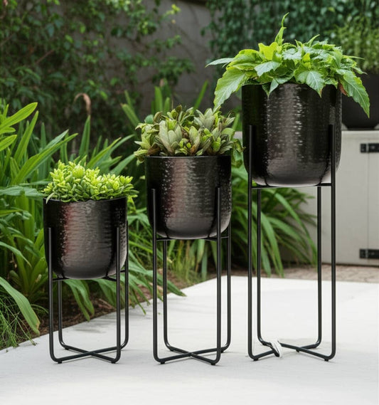Metal Etched Stand Planters - Black, 7/9/10 in.