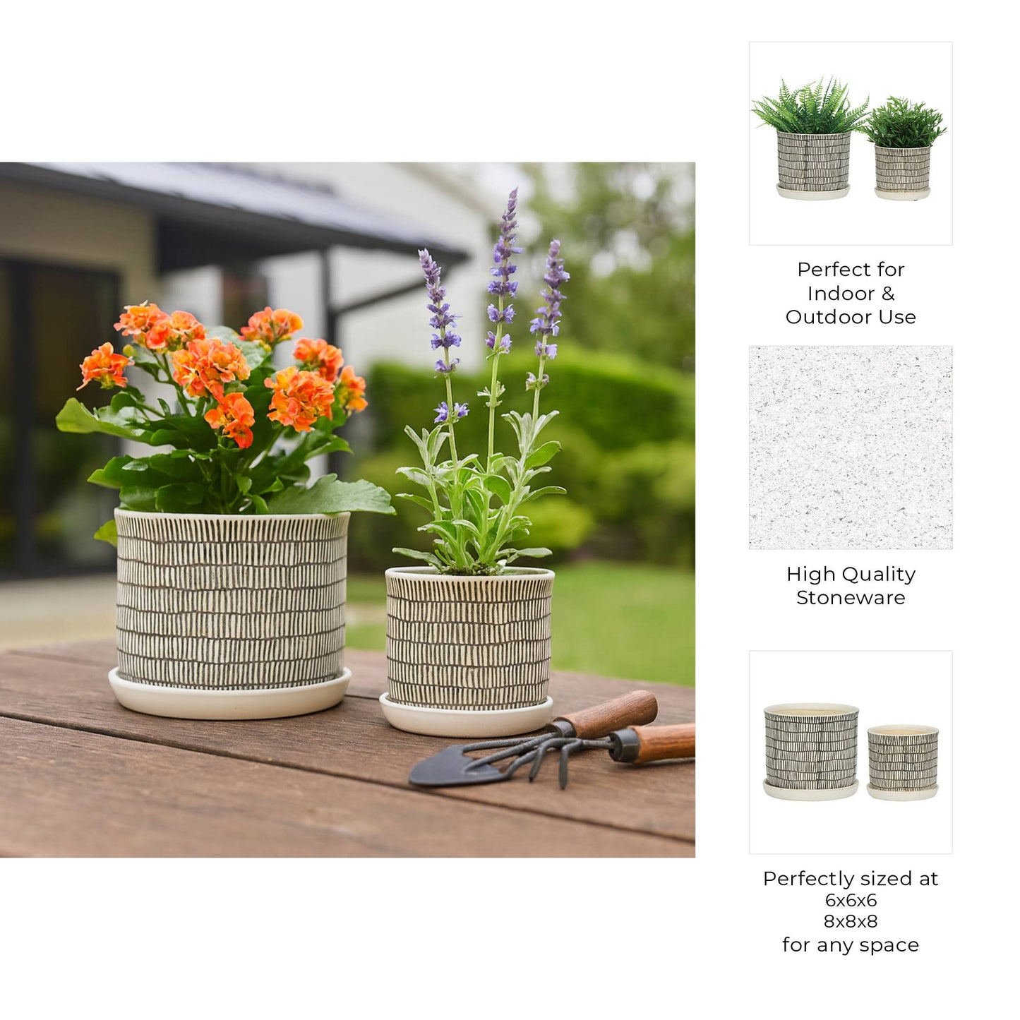 Planters Set of 2 - Ivory Ceramic Line with Saucer, 6/8 in.