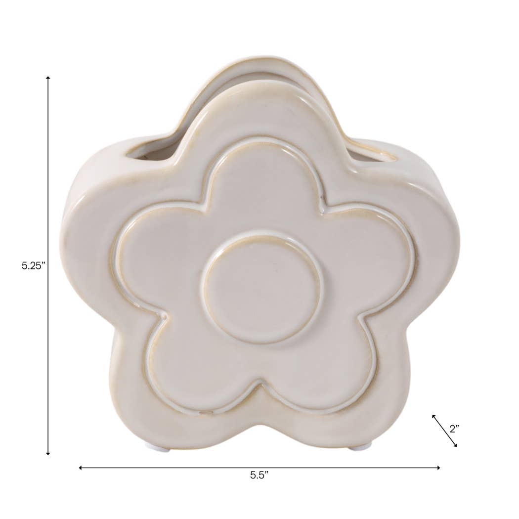 Pencil Cup - Ivory Ceramic Sculpted Flower Power, 5 in.