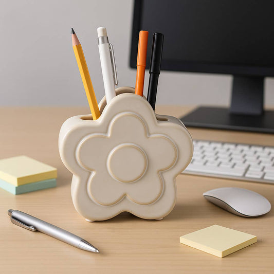 Pencil Cup - Ivory Ceramic Sculpted Flower Power, 5 in.