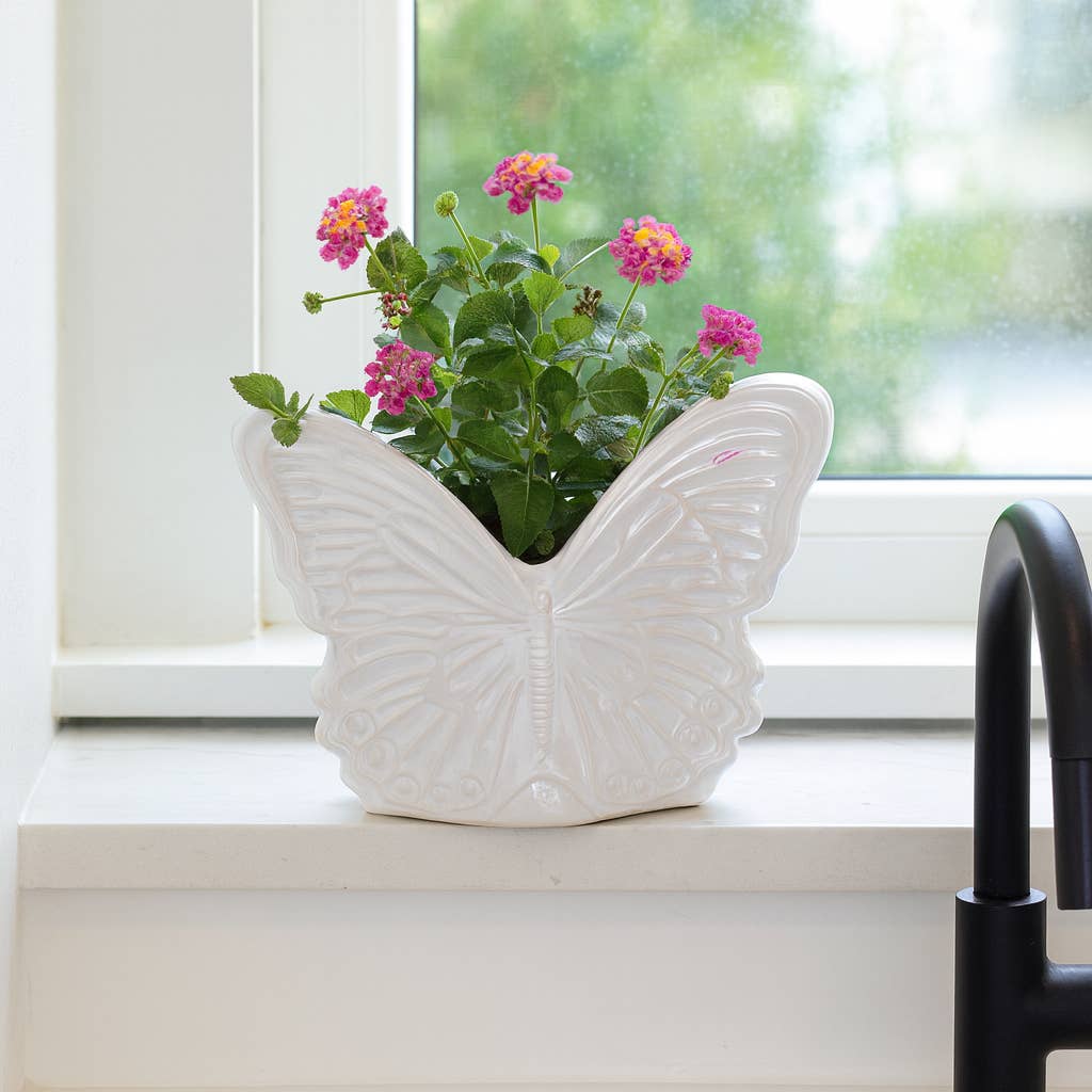 Planter - Ivory Ceramic Iridescent Butterfly, 7 in.