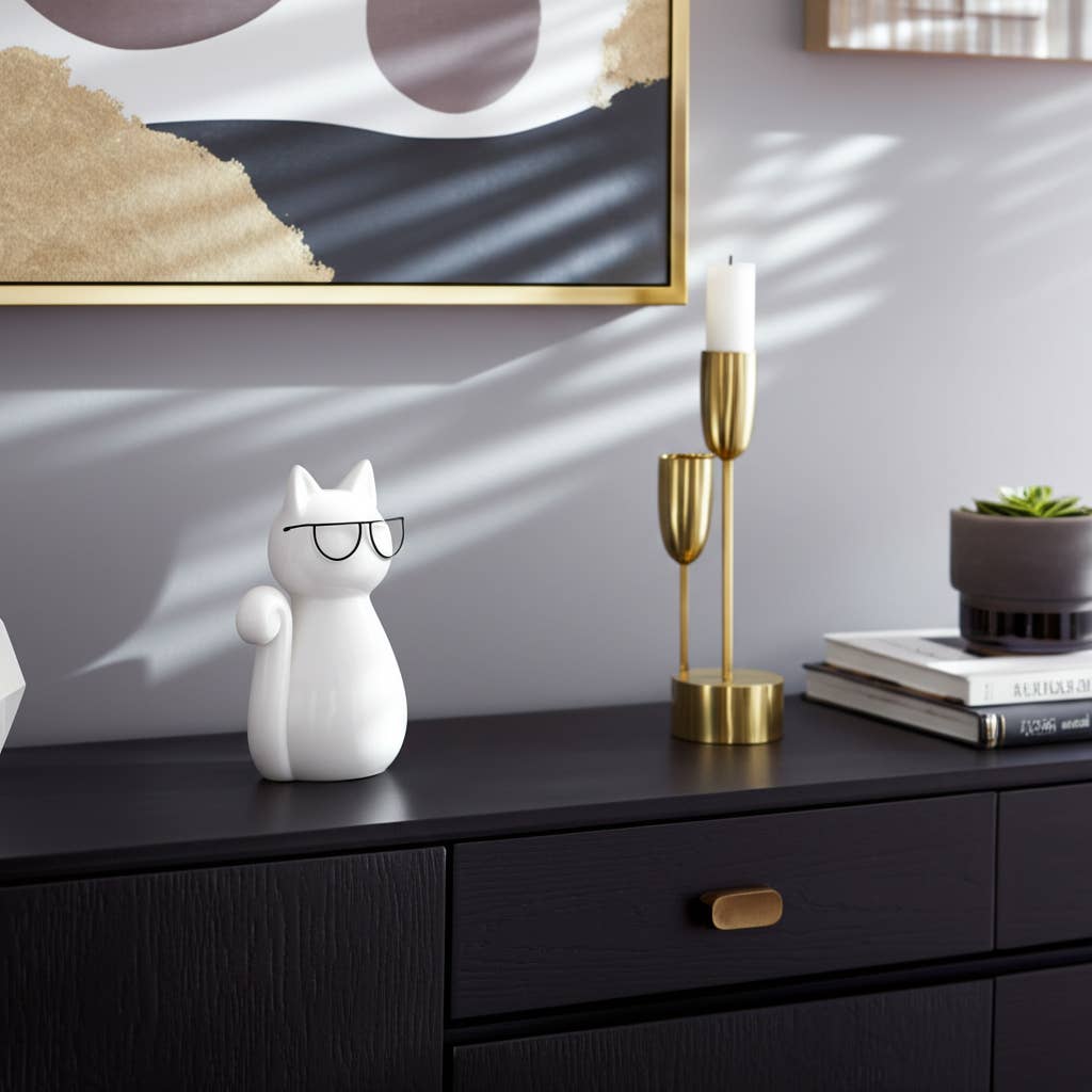 White Porcelain Cat with Glasses, 7 in.