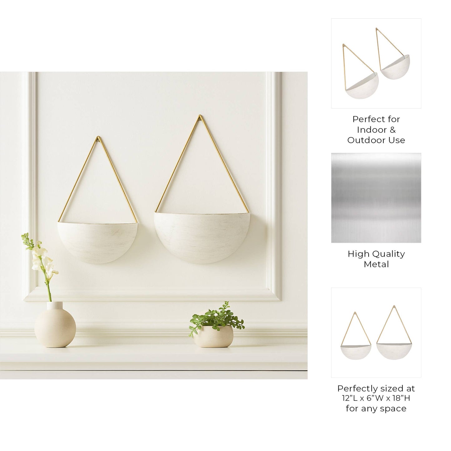 Wall Planters - White Metal Half Moon, 10/12 in.