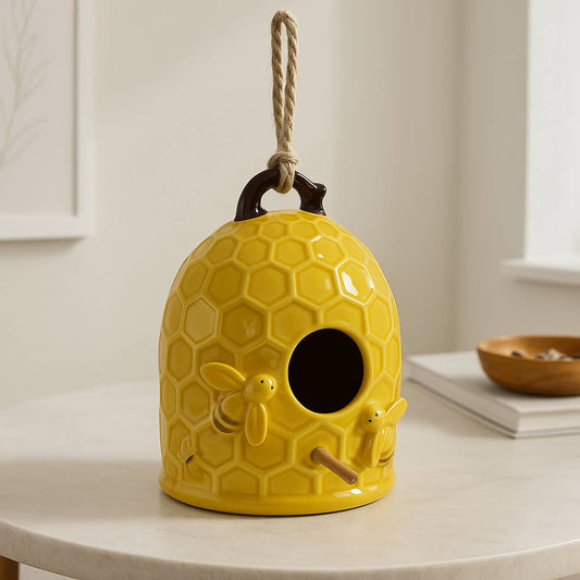 6 in. Yellow Stoneware Honeycomb Bird Feeder