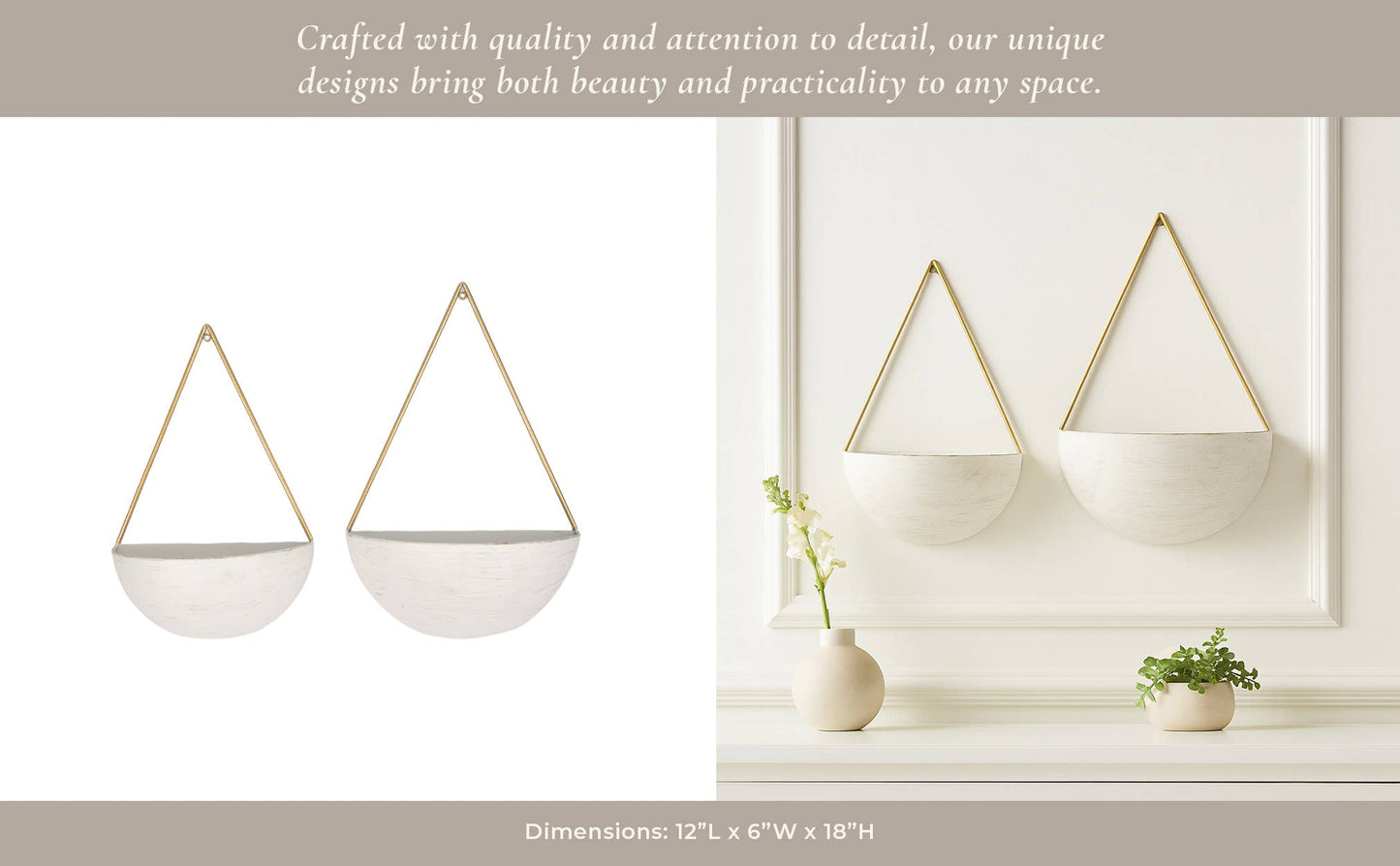 Wall Planters - White Metal Half Moon, 10/12 in.