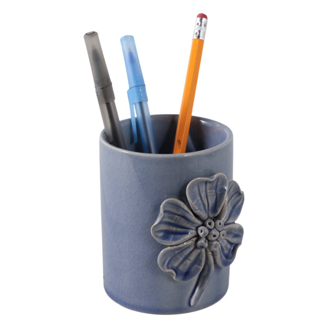 Pencil Cup - Blue Ceramic Decorative Flower Applique, 4 in.
