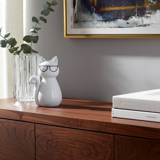 White Porcelain Cat with Glasses, 7 in.