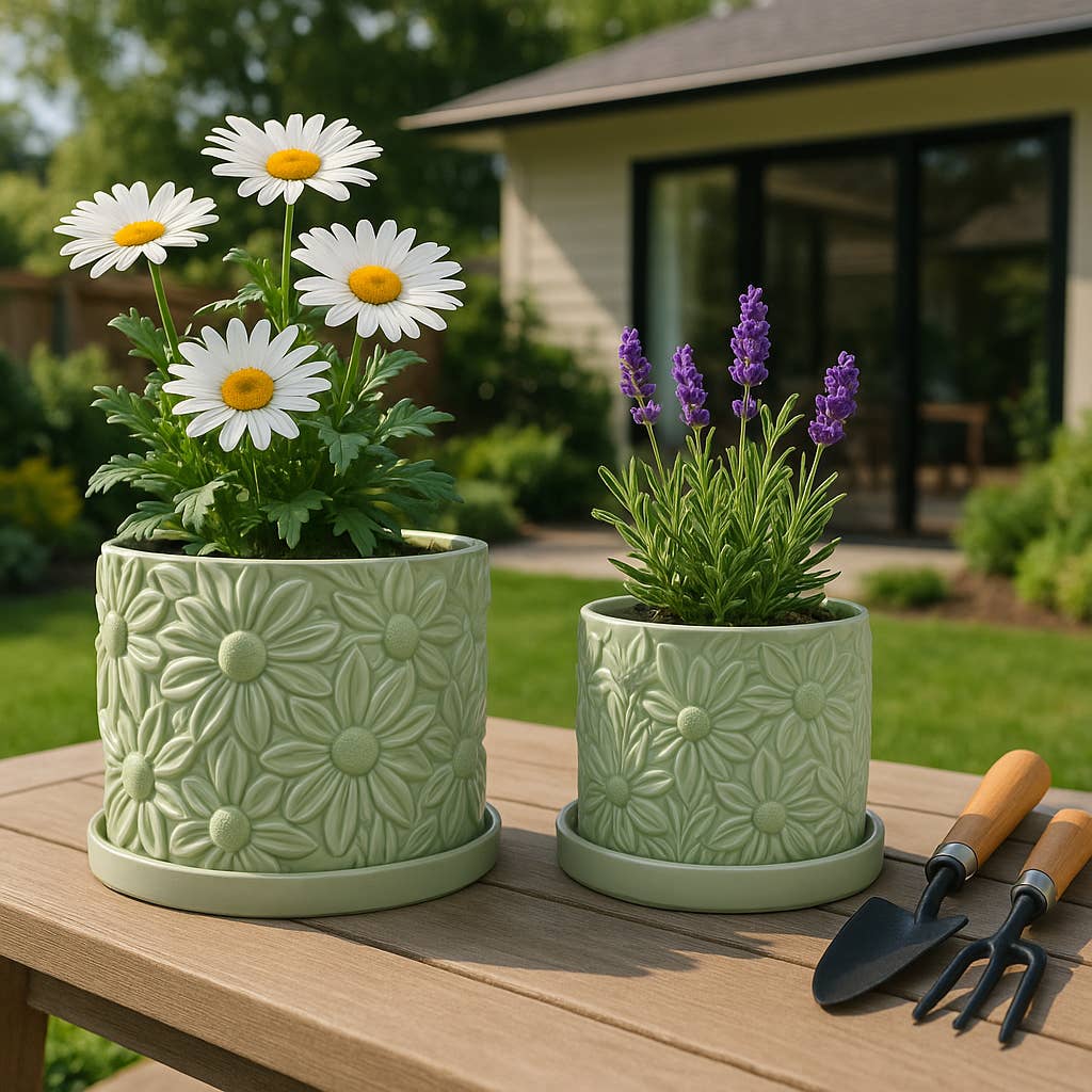 Green 6/8 in. Ceramic Daisy Flower Planter