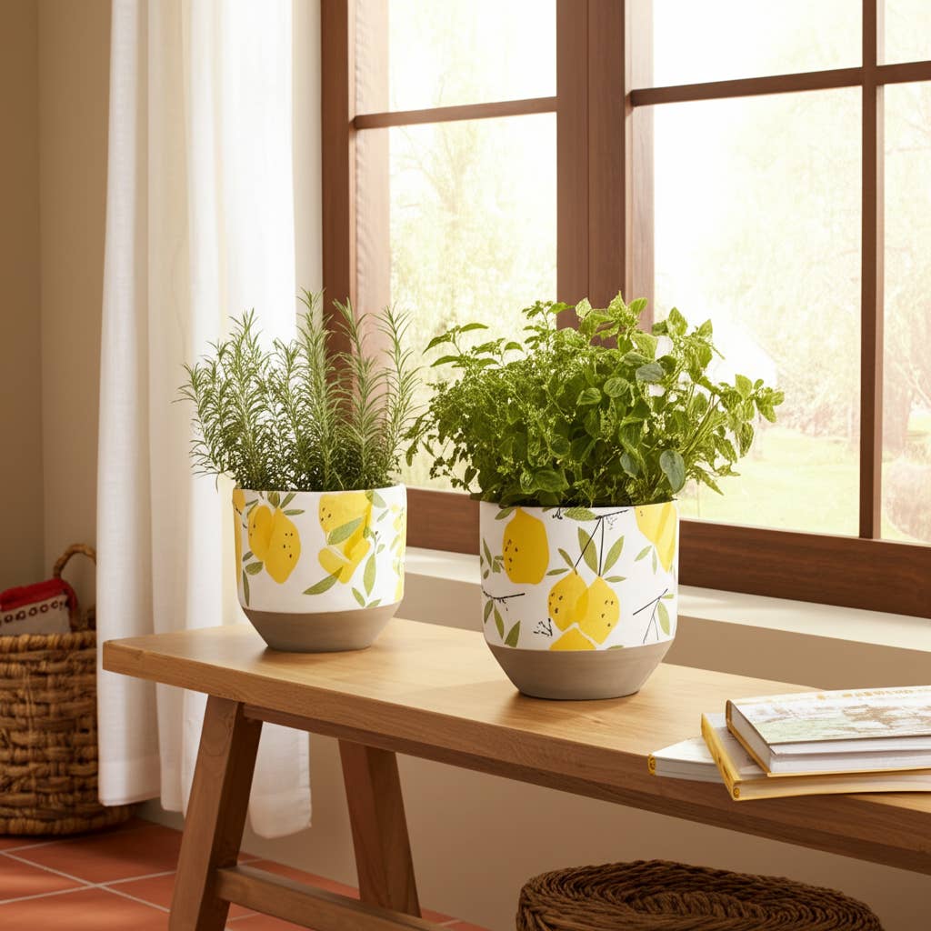 Yellow Pottery Growing Lemons Planters, 6/7 in.