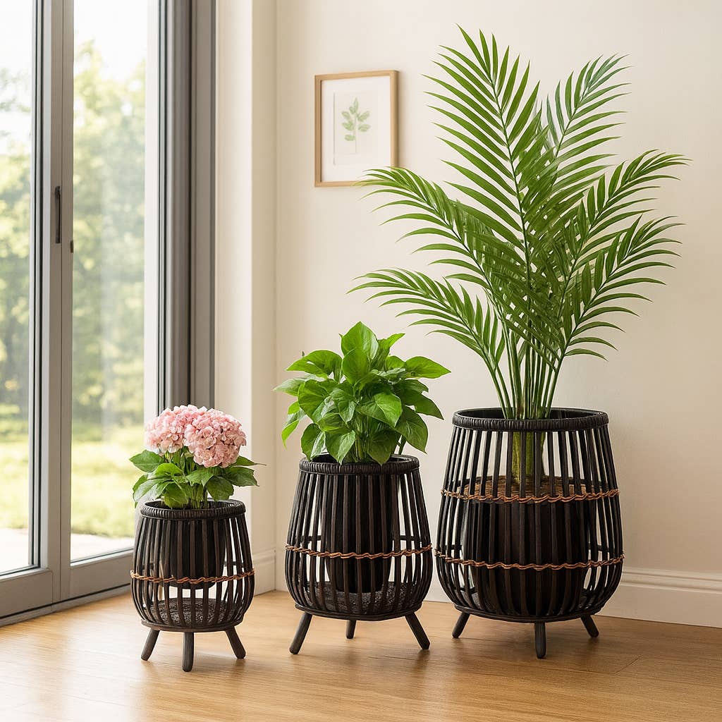 Black Bamboo Wood Footed Planters 10/14/17 in.