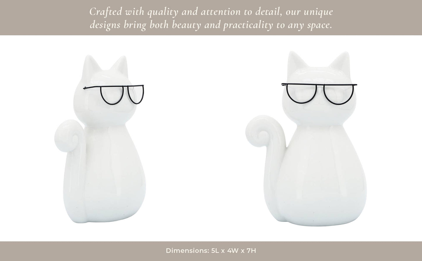 White Porcelain Cat with Glasses, 7 in.