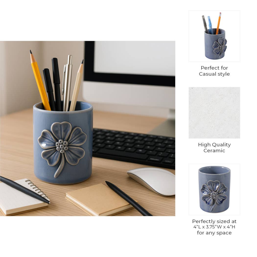 Pencil Cup - Blue Ceramic Decorative Flower Applique, 4 in.