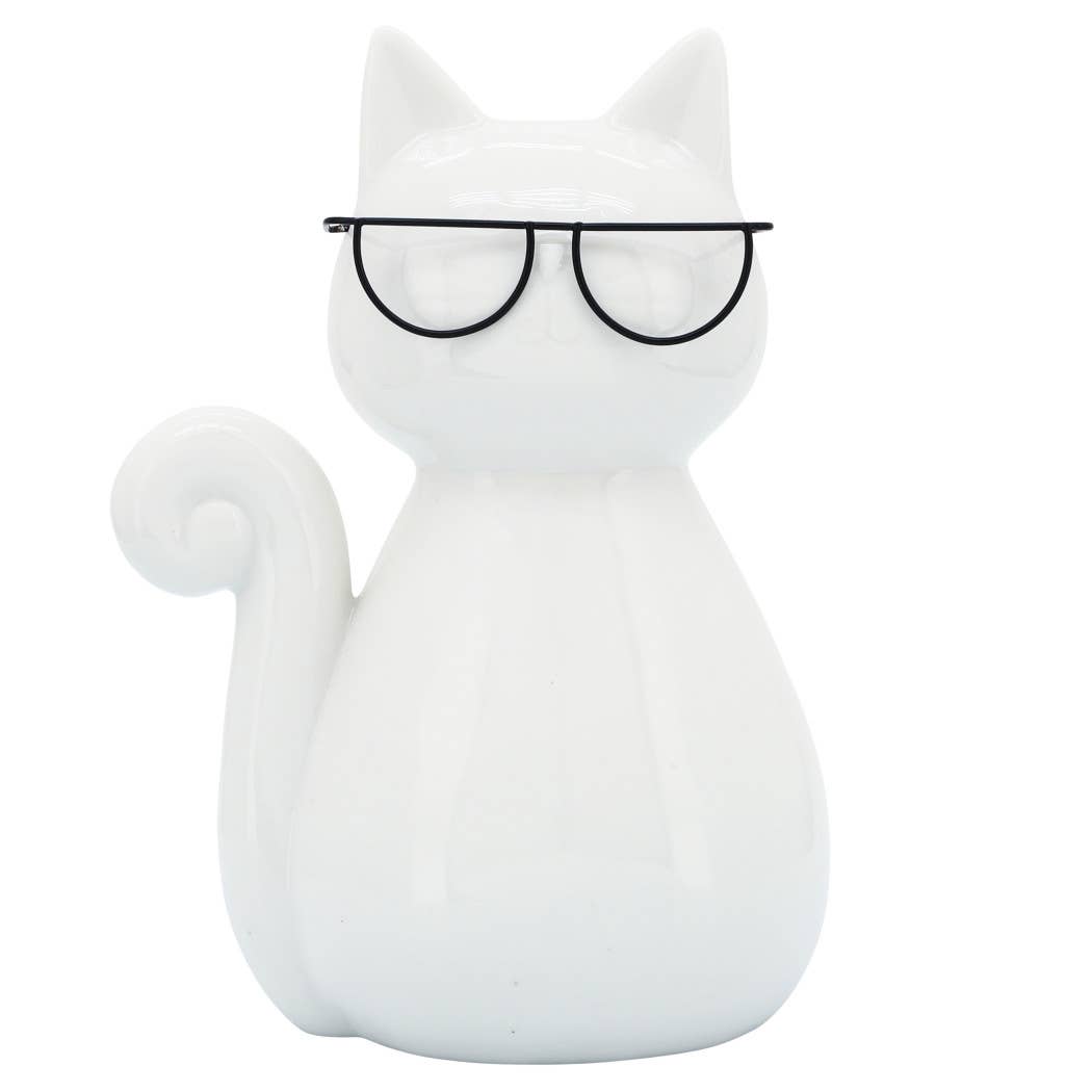 White Porcelain Cat with Glasses, 7 in.