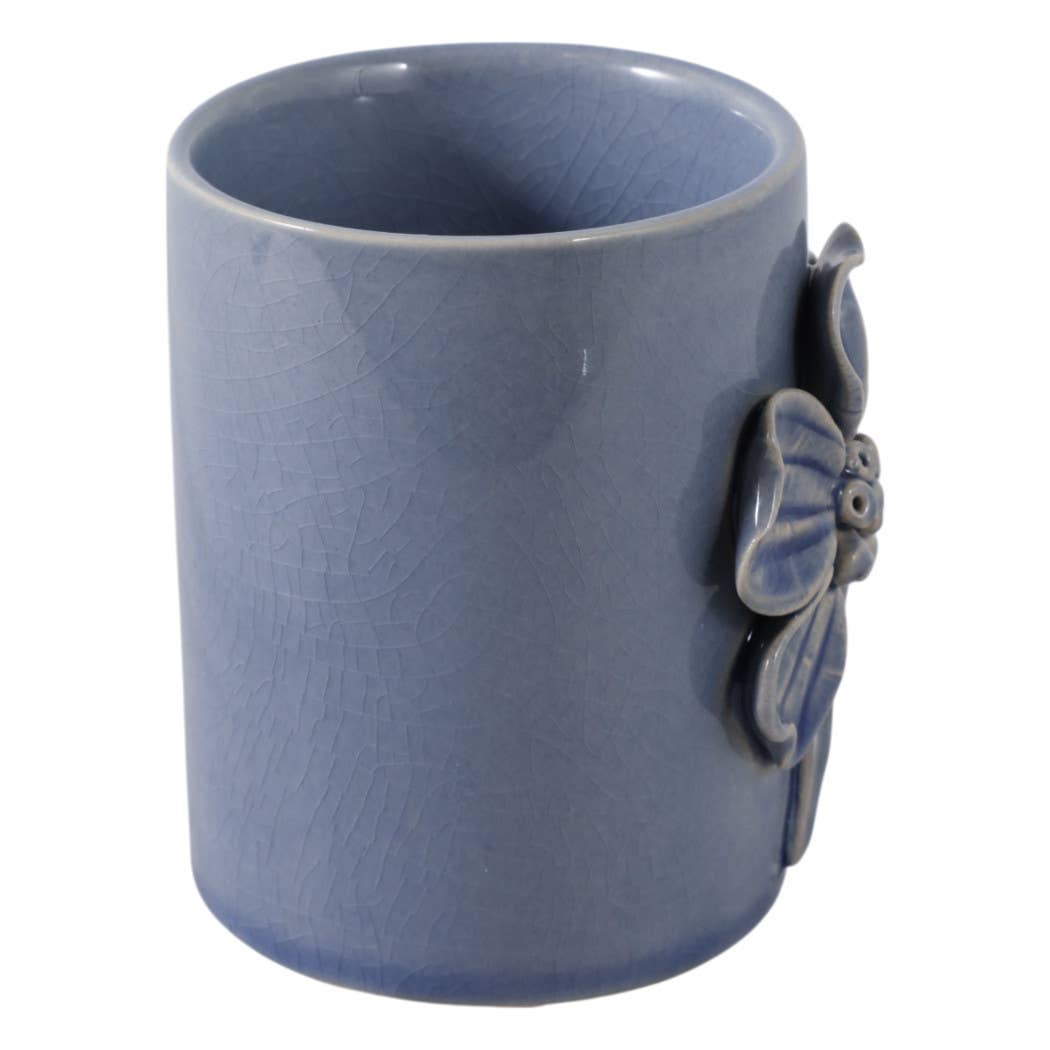 Pencil Cup - Blue Ceramic Decorative Flower Applique, 4 in.
